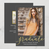 Elegant Script Dark Grey Gold 2-foto Afstuderen Aankondiging (Voorkant / Achterkant)