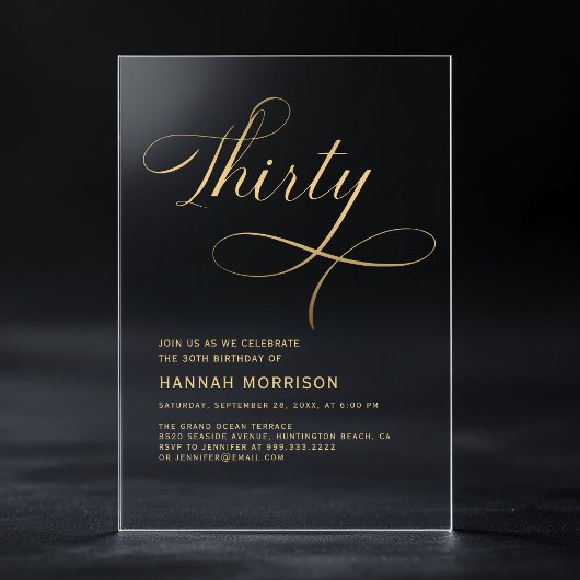Elegant Script Dertig Zwarte Goud 30e Verjaardag Acryl Uitnodigingen