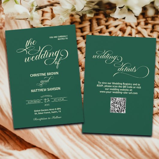 Elegant Script Details Terug QR Code Blauwgroen br Kaart