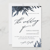 Elegant Script Donkerblauw Bloemen Bruiloft Kaart (Voorkant)