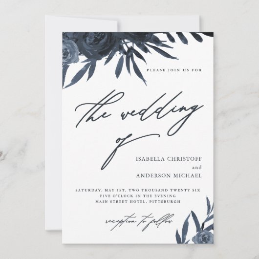 Elegant Script Donkerblauw Bloemen Bruiloft Kaart (Voorkant)