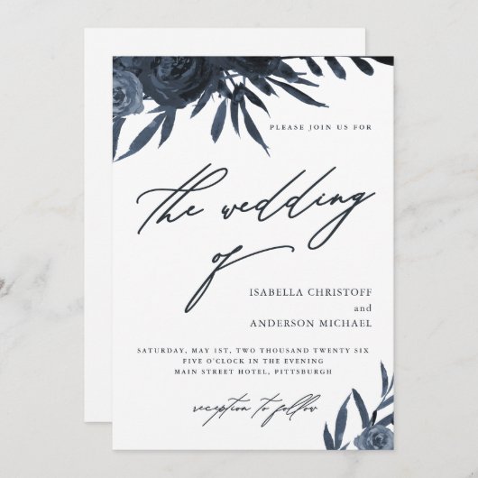 Elegant Script Donkerblauw Bloemen Bruiloft Kaart (Voorkant / Achterkant)
