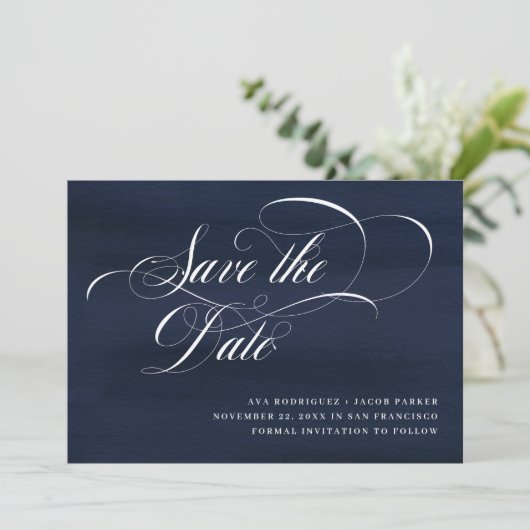Elegant Script | Donkerblauw Save The Date (Staand voorkant)