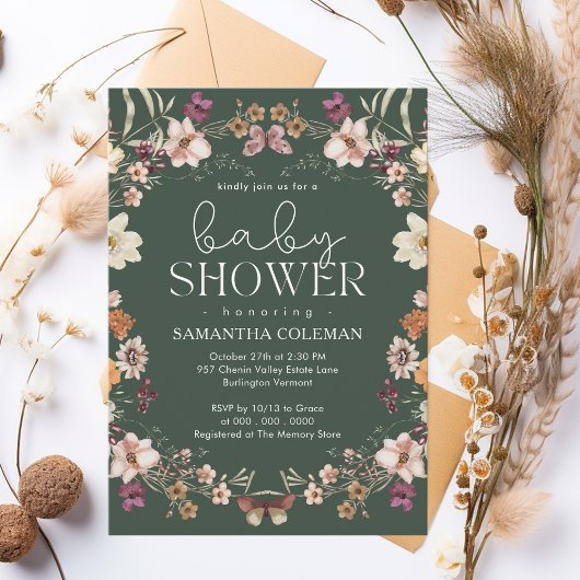 Elegant Script Donkergroen Wildflower Baby shower Kaart