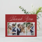 Elegant Script Drie Fotocollage Rood Bruiloft Bedankkaart (Staand voorkant)