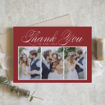 Elegant Script Drie Fotocollage Rood Bruiloft Bedankkaart<br><div class="desc">Verzend bedankt naar familie en vrienden voor het maken van deel van uw gebeurtenis met deze klantgerichte fotocollage dank u vlakke kaart. Het kenmerkt elegant manuscript en eenvoudige typografie. Aangepast door je eigen details toe te voegen en je favoriete trouwfoto's te voorzien. Deze foto bedankt je kaart zal ook perfect...</div>