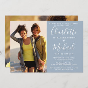 Elegant Script Dusty Blue 2 Photo Engagement Party Kaart