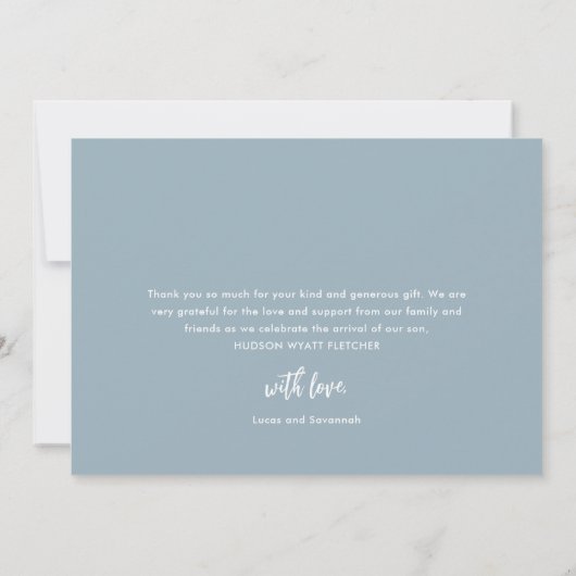 Elegant script Dusty Blue Baby Boy Bedankt Card (Achterkant)
