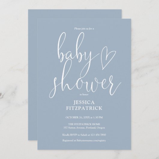 Elegant Script Dusty Blue Baby shower Kaart (Voorkant / Achterkant)