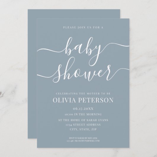 Elegant Script Dusty Blue Baby shower Kaart (Voorkant / Achterkant)