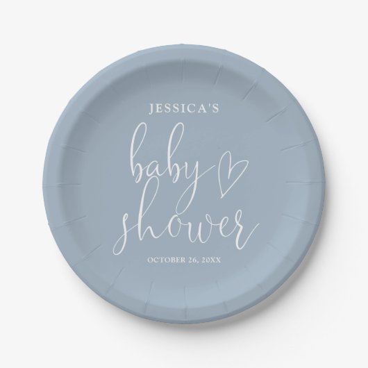 Elegant Script Dusty Blue Baby shower Papieren Bordje (Voorkant)