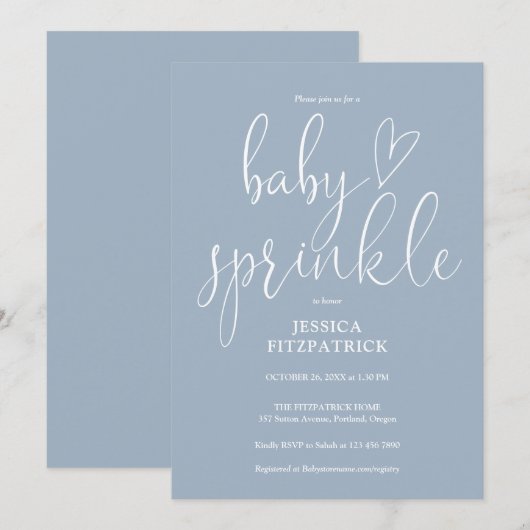 Elegant Script Dusty Blue Baby Sprinkle Shower Kaart (Voorkant / Achterkant)