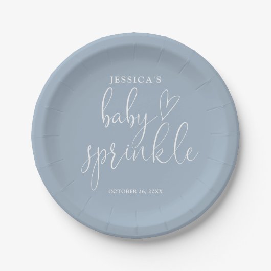 Elegant Script Dusty Blue Baby Sprinkle Shower Papieren Bordje (Voorkant)
