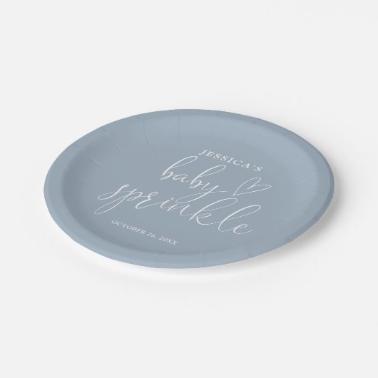 Elegant Script Dusty Blue Baby Sprinkle Shower Papieren Bordje (Gekanteld)