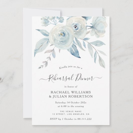 elegant script dusty blue bloemen repetitief diner kaart (Voorkant)