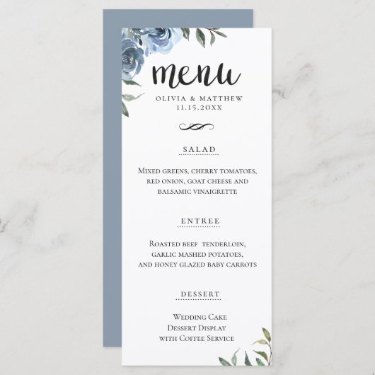 Elegant Script Dusty Blue Botanical Wedding Menu (Voorkant / Achterkant)