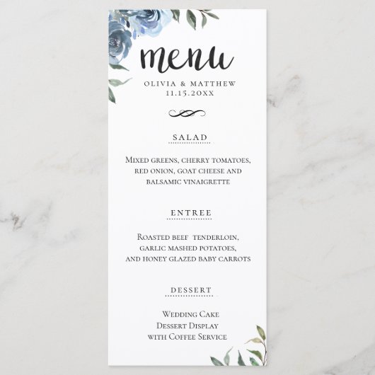 Elegant Script Dusty Blue Botanical Wedding Menu (Voorkant)