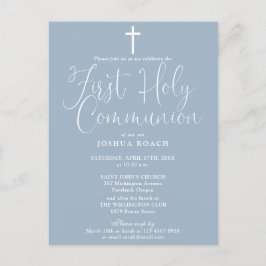 Elegant script Dusty Blue Eerste Heilige Communie Briefkaart