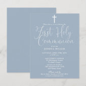 Elegant script Dusty Blue Eerste Heilige Communie Briefkaart (Voorkant / Achterkant)