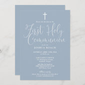 Elegant script Dusty Blue Eerste Heilige Communie Save The Date (Voorkant / Achterkant)