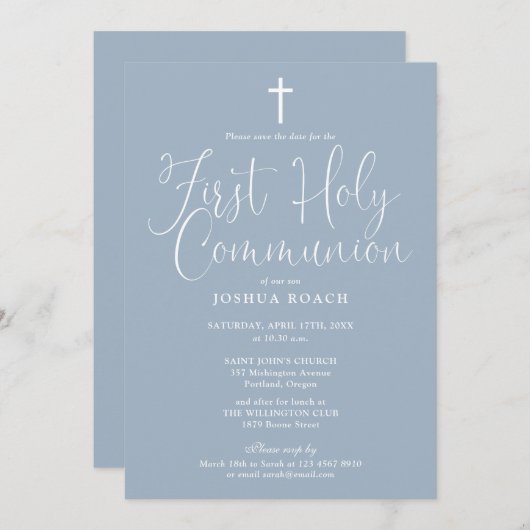 Elegant script Dusty Blue Eerste Heilige Communie Save The Date (Voorkant / Achterkant)