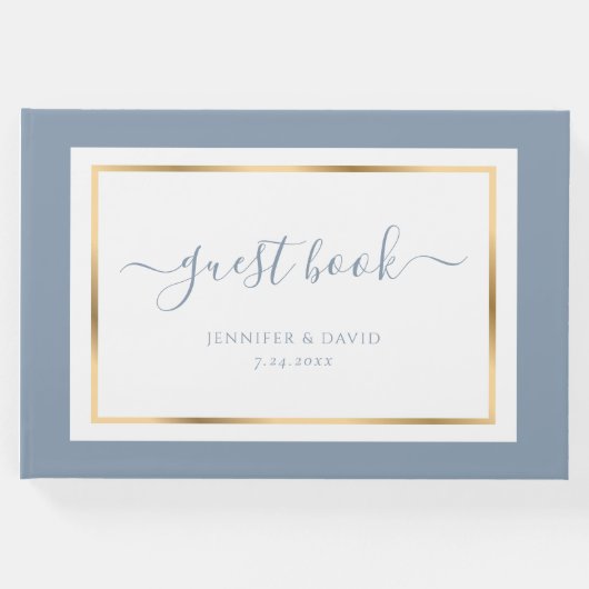 Elegant Script Dusty Blue en Gold Wedding Gastenboek (Voorkant)