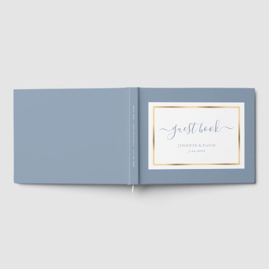Elegant Script Dusty Blue en Gold Wedding Gastenboek (Volledig)