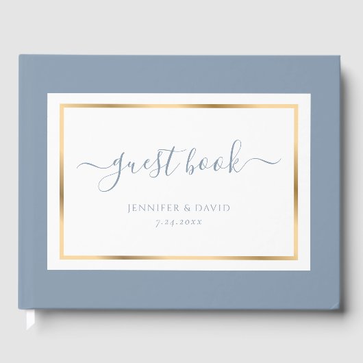 Elegant Script Dusty Blue en Gold Wedding Gastenboek (Voorkant)