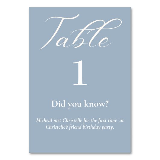 Elegant script dusty blue facts bruiloft kaart (Voorkant)