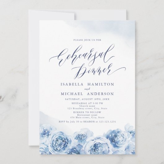 Elegant script dusty blue floral reheardiner kaart (Voorkant)