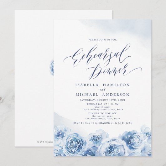 Elegant script dusty blue floral reheardiner kaart (Voorkant / Achterkant)