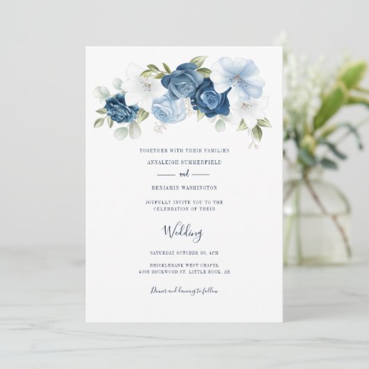 Elegant Script Dusty Blue Floral Wedding Kaart (Staand voorkant)