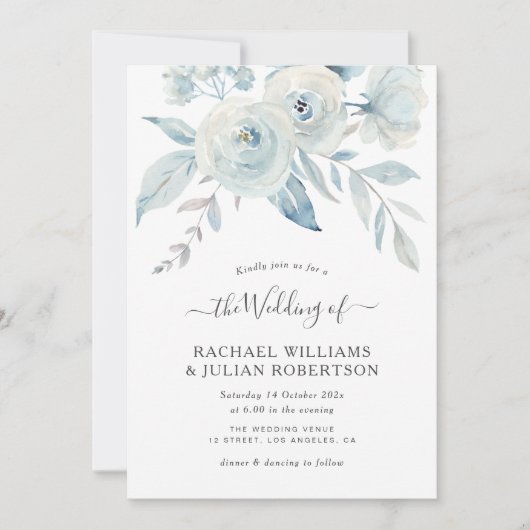elegant script dusty blue flower bruiloft kaart (Voorkant)