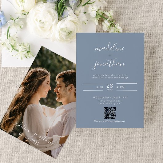Elegant Script Dusty Blue Foto QR Code Wedding Kaart