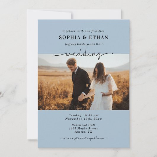 Elegant Script Dusty Blue Fotobruiloft Kaart (Voorkant)