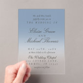 Elegant Script Dusty Blue Gradient Wedding Acryl Uitnodigingen (Insitu (Draagbaar))