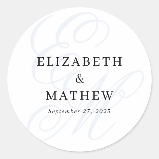Elegant Script Dusty Blue Monogram Bruiloft Ronde Sticker (Voorkant)