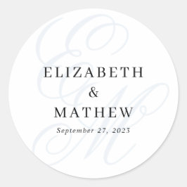 Elegant Script Dusty Blue Monogram Bruiloft Ronde Sticker