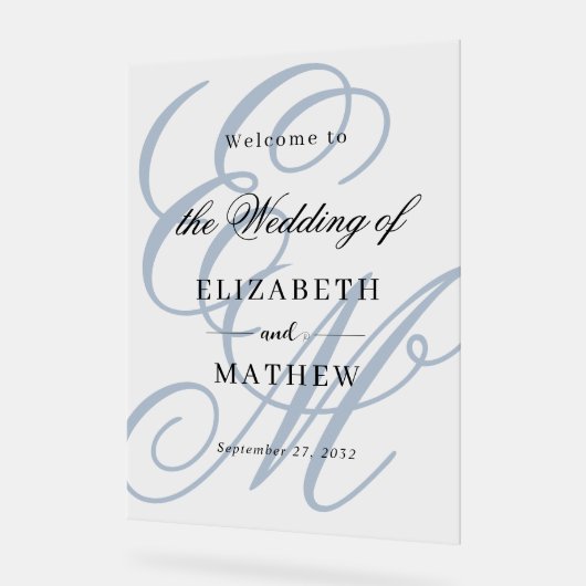 Elegant Script Dusty Blue Monogram Huwelijk Welkom Acryl Bord (Hoek)
