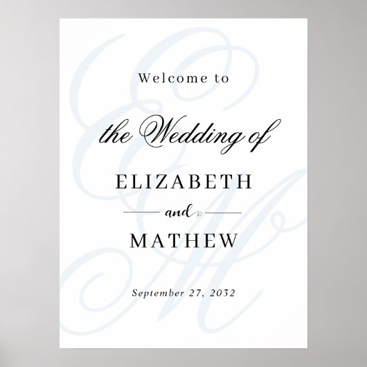 Elegant Script Dusty Blue Monogram Huwelijk Welkom Poster (Voorkant)