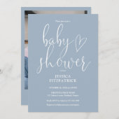 Elegant Script Dusty Blue Photo Baby shower Kaart (Voorkant / Achterkant)