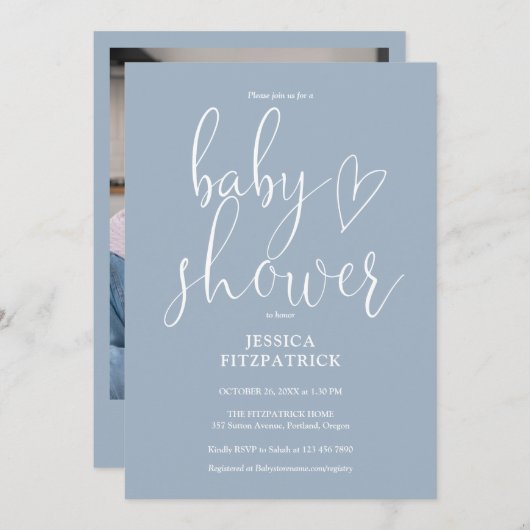 Elegant Script Dusty Blue Photo Baby shower Kaart (Voorkant / Achterkant)