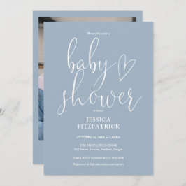 Elegant Script Dusty Blue Photo Baby shower Kaart