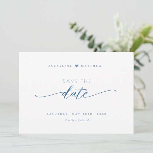 Elegant Script, Dusty Blue, Simple Wedding Save The Date (Staand voorkant)
