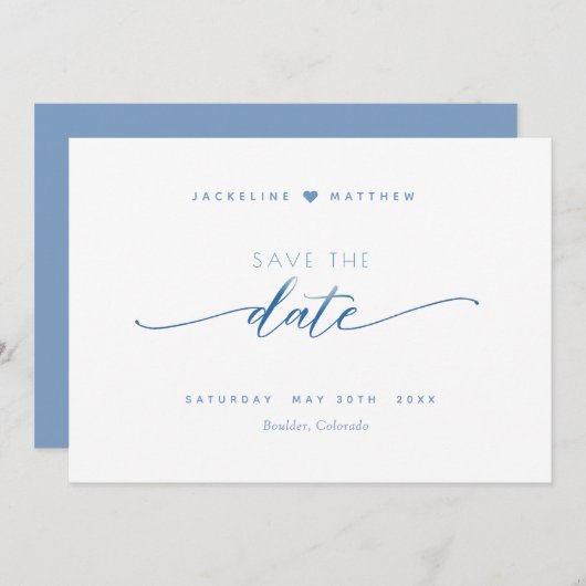 Elegant Script, Dusty Blue, Simple Wedding Save The Date (Voorkant / Achterkant)