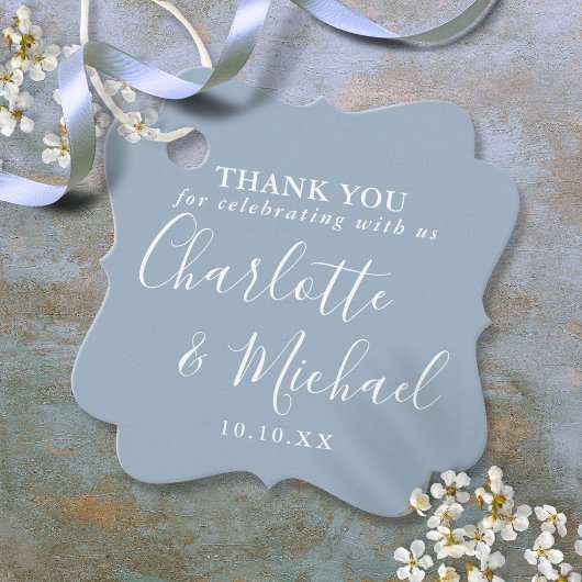 Elegant Script Dusty Blue Wedding Bedankt Bedankjes Labels