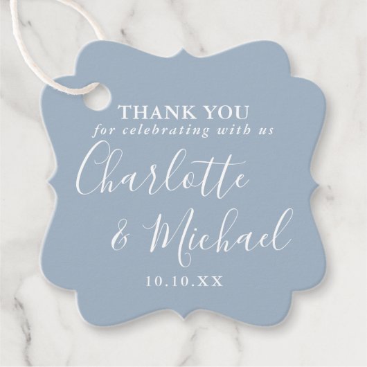 Elegant Script Dusty Blue Wedding Bedankt Bedankjes Labels (Voorkant)