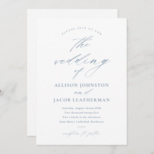 Elegant Script Dusty Blue Wedding Kaart (Voorkant / Achterkant)