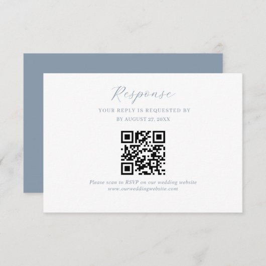Elegant Script Dusty Blue Wedding QR Code RSVP Informatiekaartje (Voorkant / Achterkant)