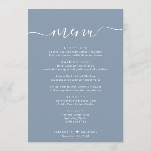 Elegant Script Dusty Blue Wedding Receptie Menu (Voorkant)